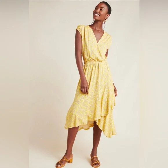 Anthropologie Maeve Fete Yellow Midi Dress Size M V-Neck Handkerchief Hem - Picture 1 of 8